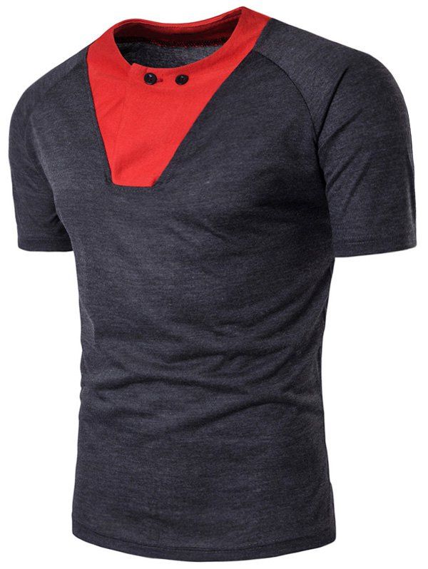 

Color Block Panel Raglan Sleeve Button T-shirt, Deep gray