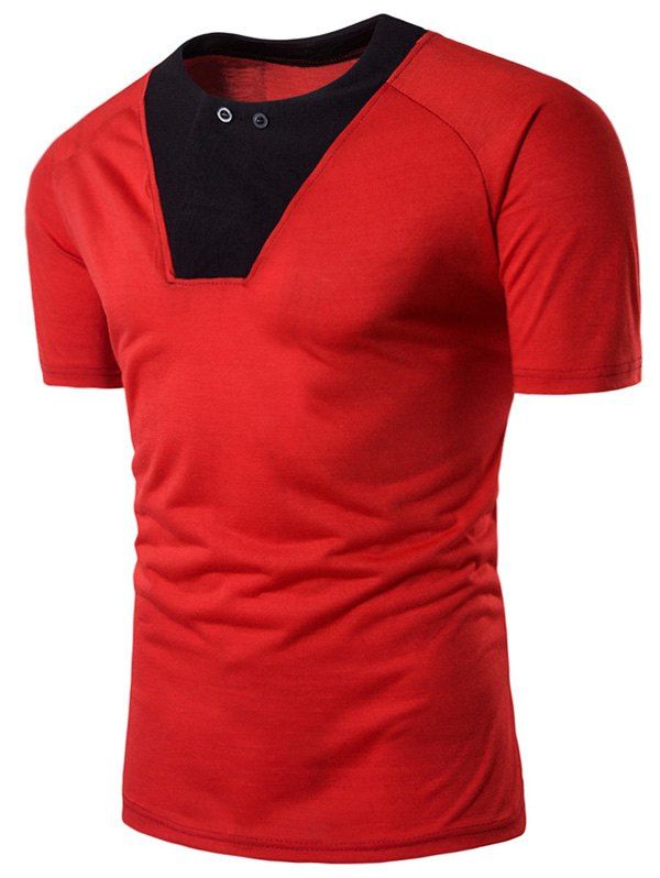 

Color Block Panel Raglan Sleeve Button T-shirt, Red