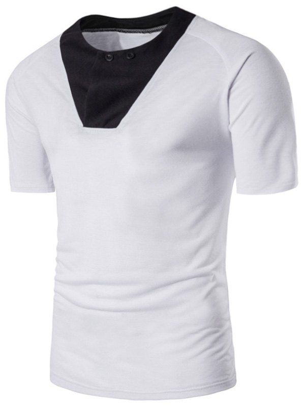 

Color Block Panel Raglan Sleeve Button T-shirt, White