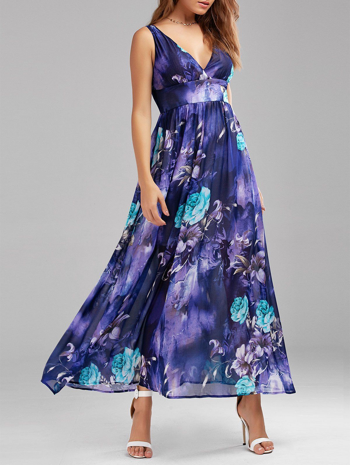 

V Neck Floral Print Empire Waist Maxi Dress, Colormix