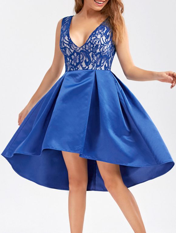 Lace Trim Open Back Party Dress - Bleu 2XL