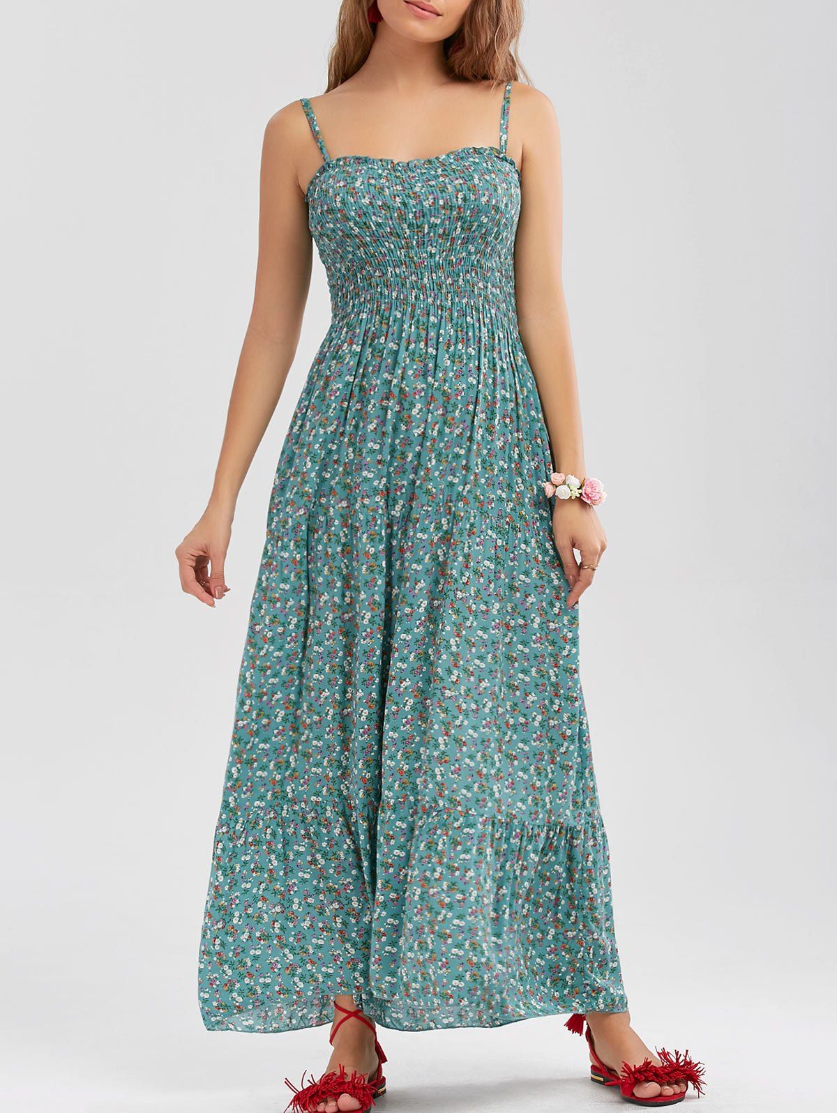 

Spaghetti Strap Tiny Floral Print Beach Dress, Green