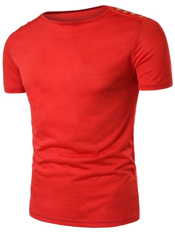 T-shirt à Manches Courtes Embellie avec Bouttons aux Epaules - Rouge L