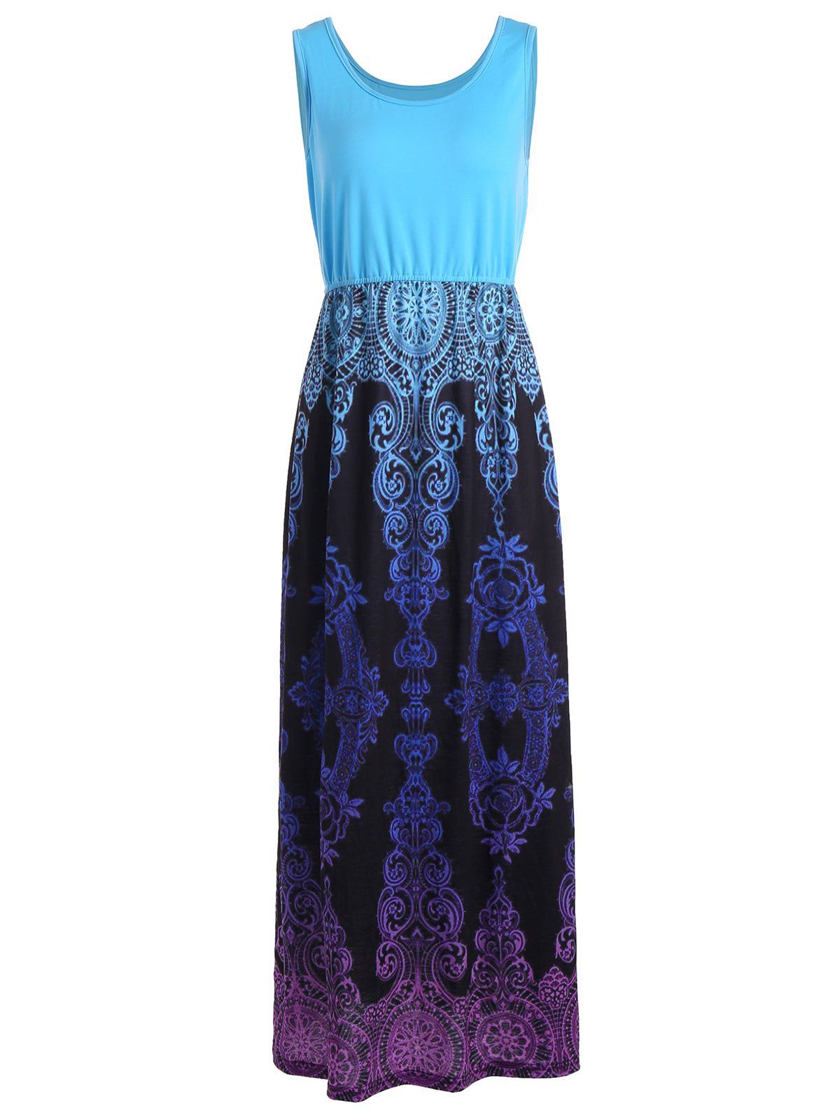 

High Waist Baroque Print Sleeveless Maxi Dress, Light blue