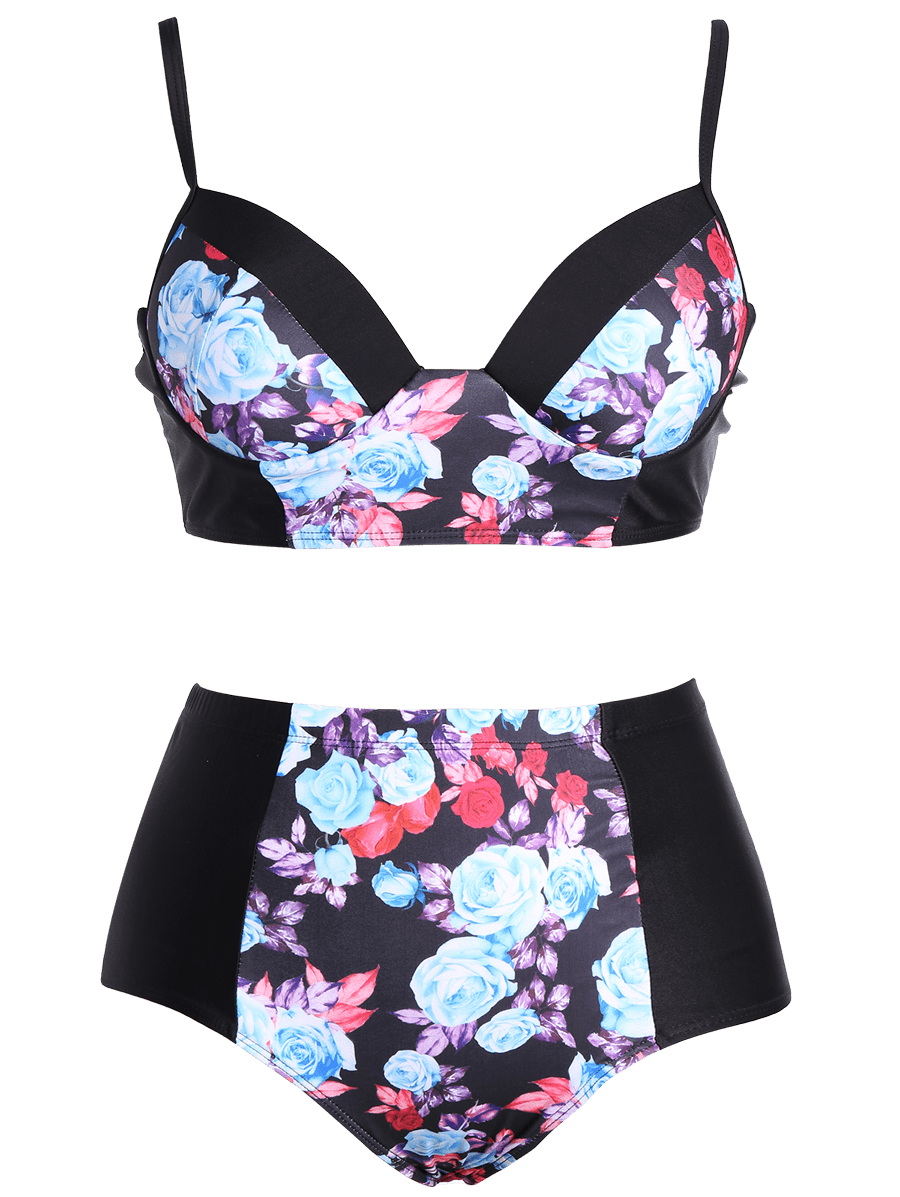2018 Plus Size Floral Underwire High Waist Bikini Set BLACK XL In Plus ...