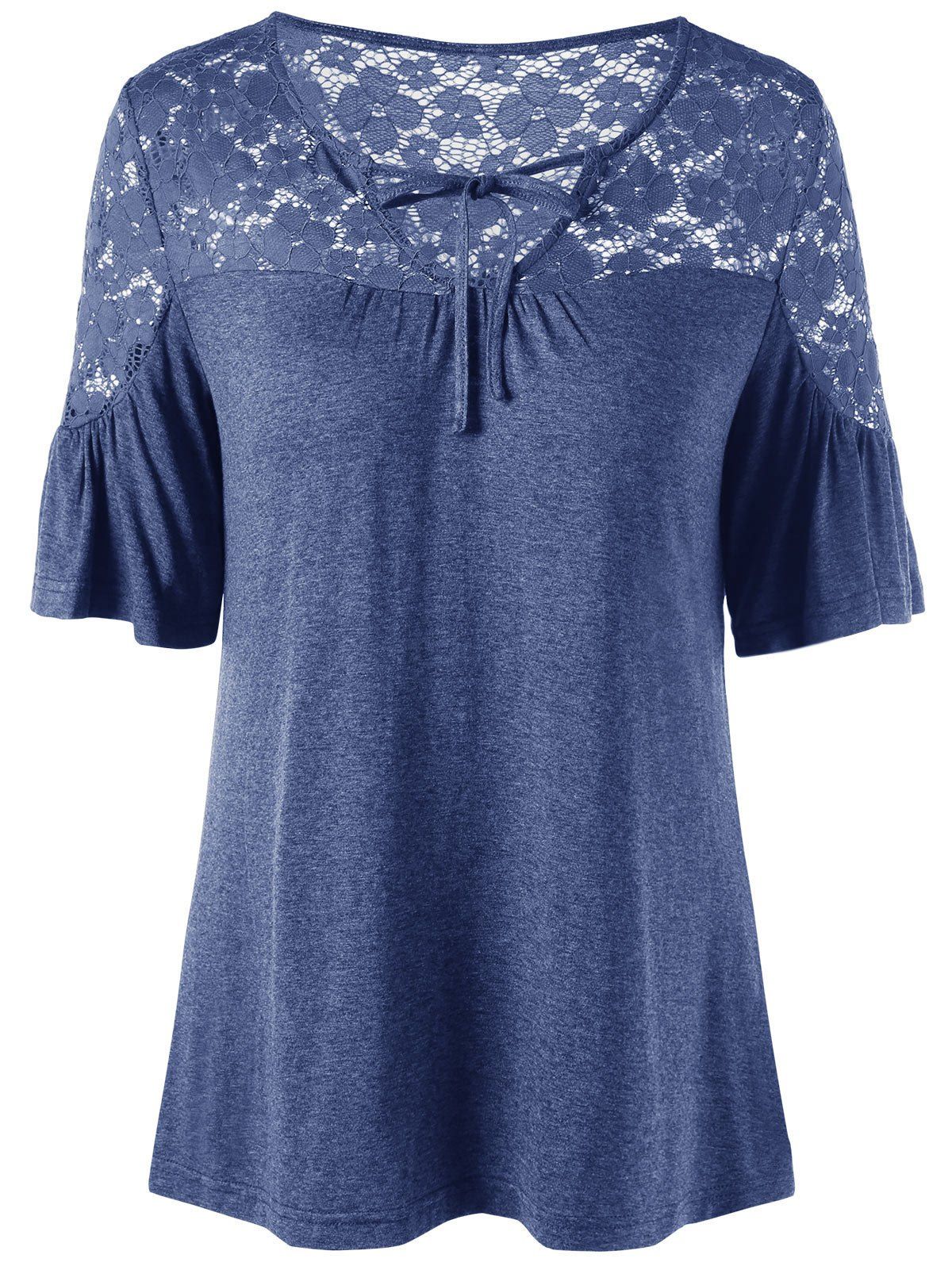 

Lace Trim Tie Front V Neck Top, Blue