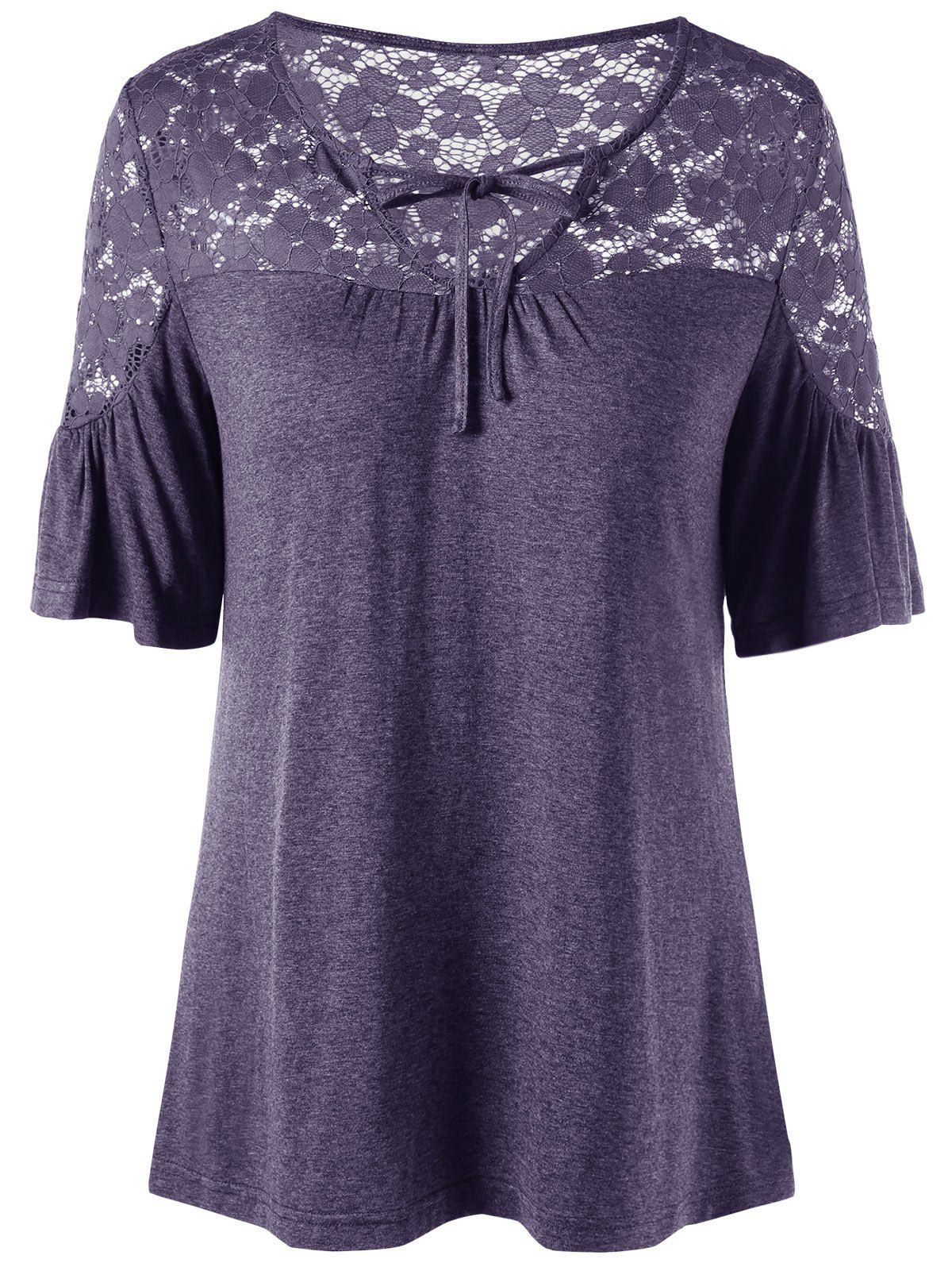 

Lace Trim Tie Front V Neck Top, Stormy