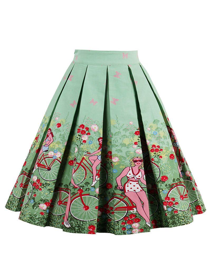 

Printed High Waisted Pleated Skirt, Green