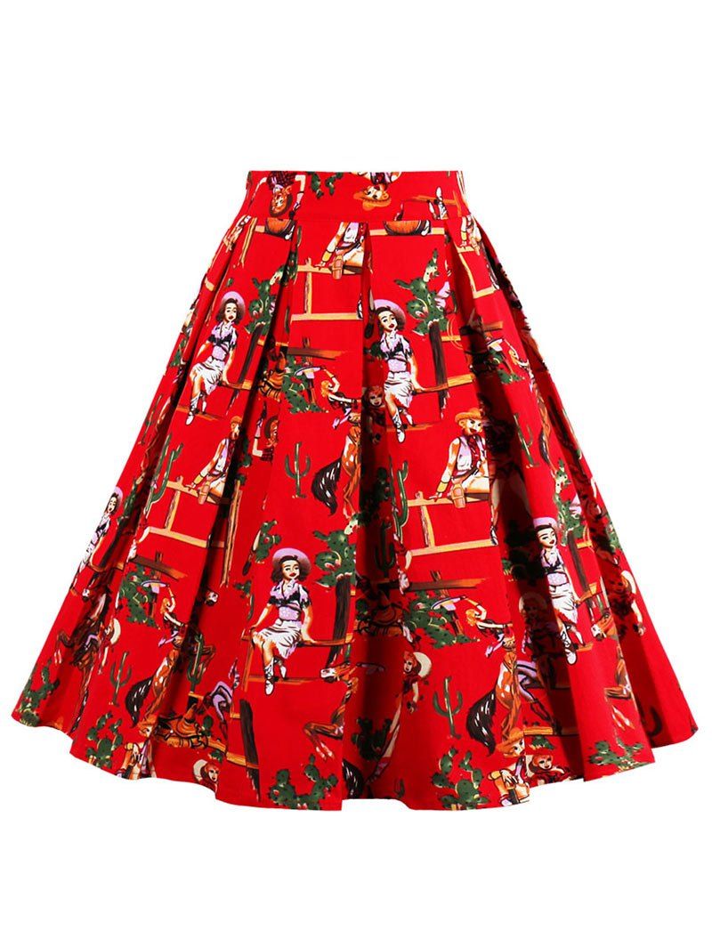 

Printed High Waisted Pleated Skirt, Red