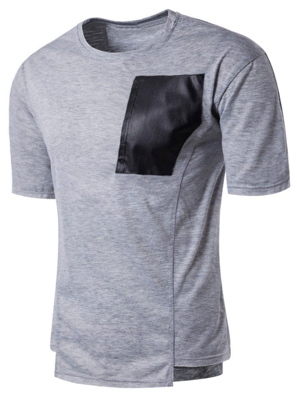 

Irregular Bottom PU Leather Panel T-shirt, Light gray