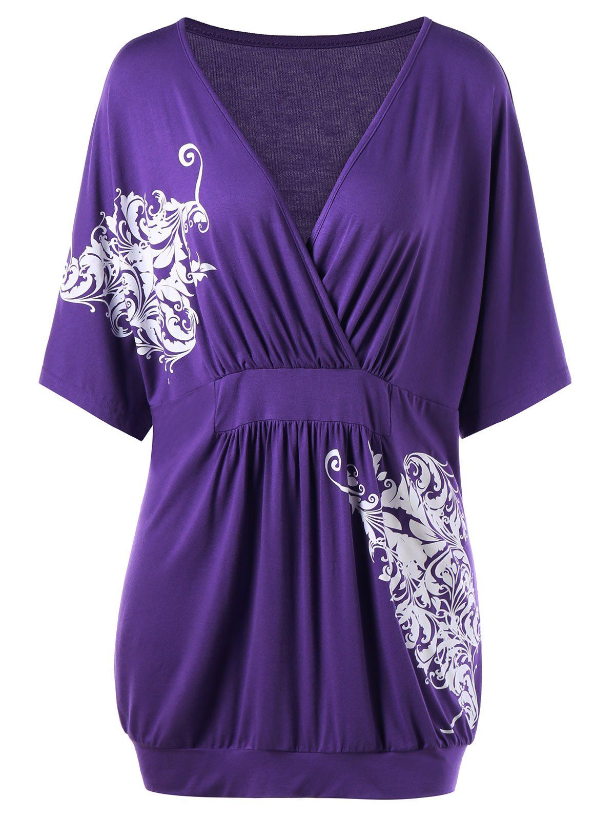 

Plus Size Bandana Floral Longline Surplice T-shirt, Purple
