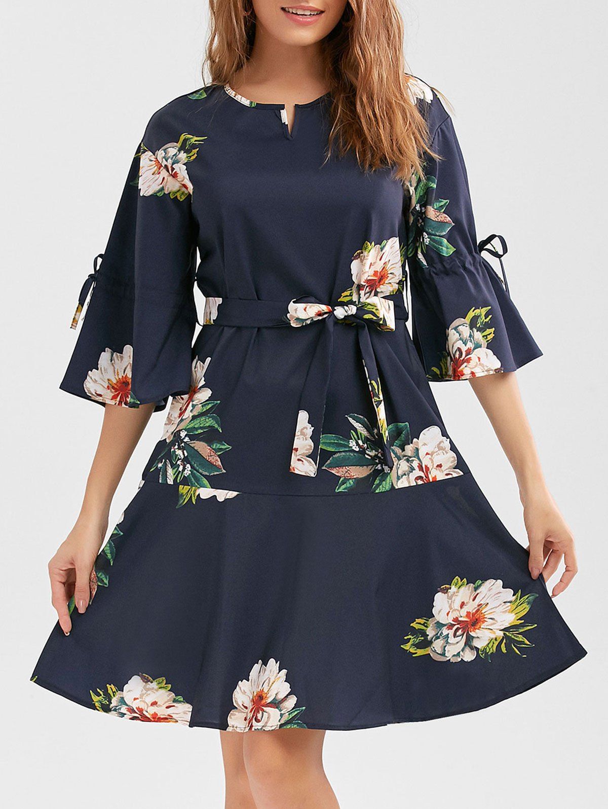 

Flower Print Drop Waist Dress with Belt, Purplish blue