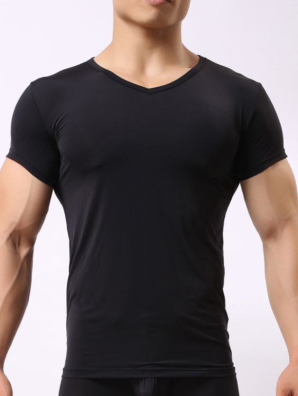 T-shirt Simple Grande Flexibilité à Encolure V - Noir XL