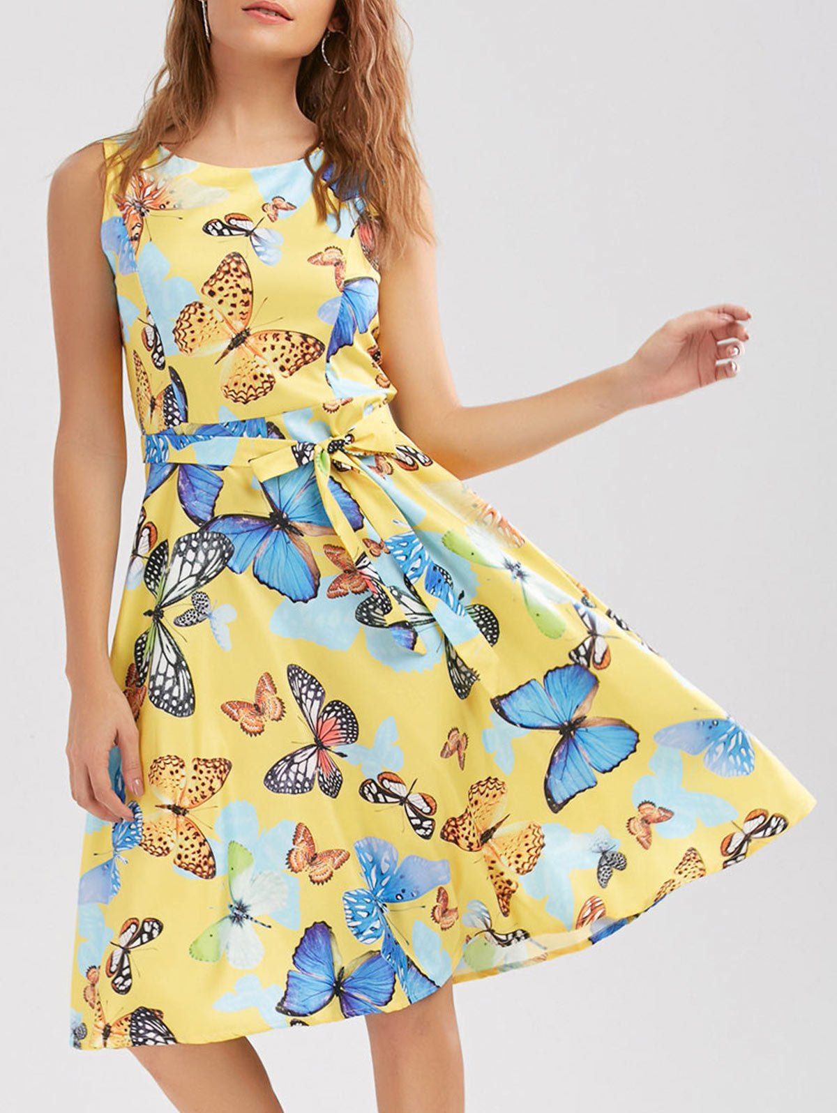 [41 Off] 2021 Sleeveless Butterfly Print Belted Dress In Yellow Dresslily