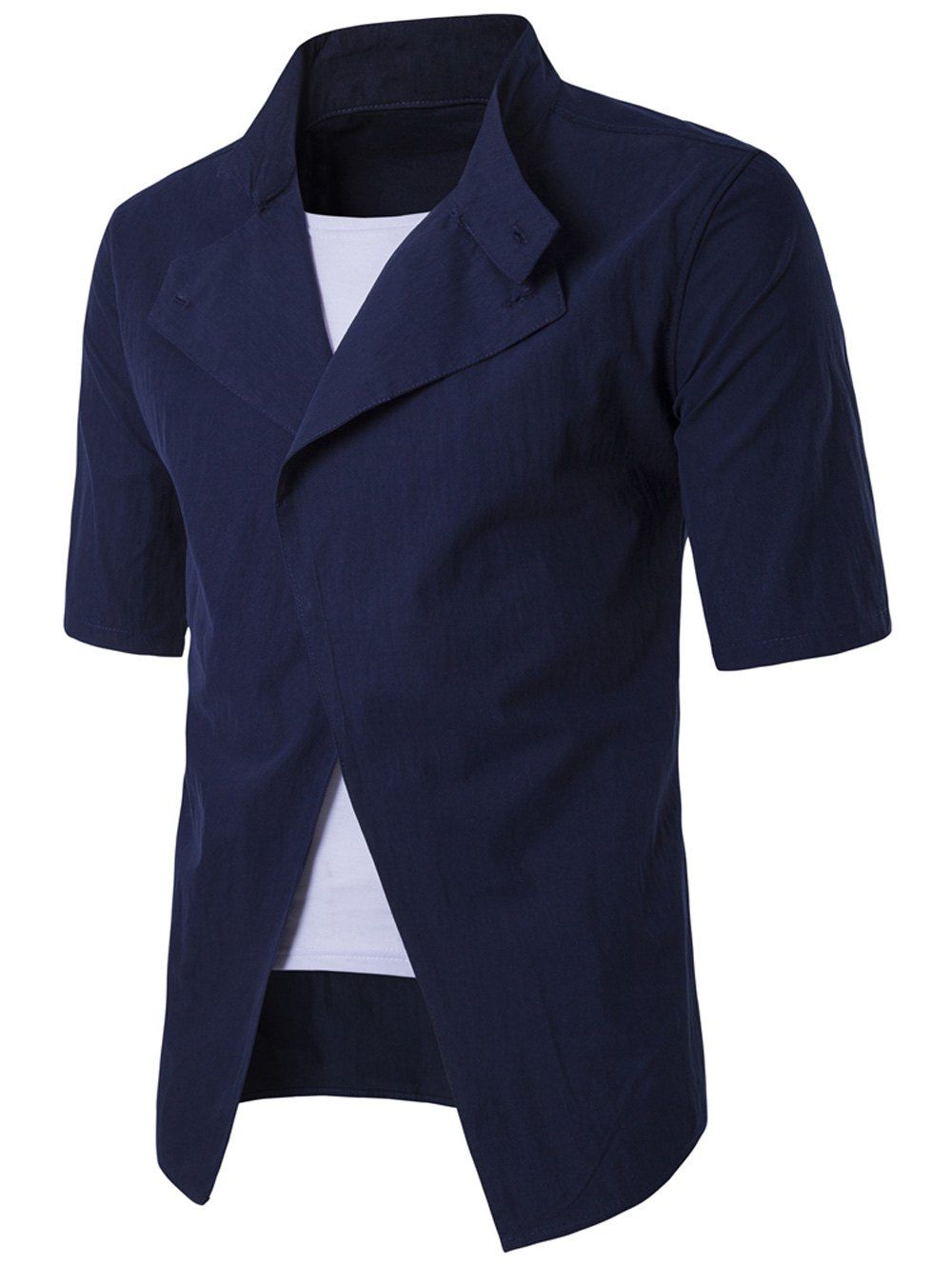 

Stand Collar Short Sleeve Faux Twinset Panel Shirt, Cadetblue