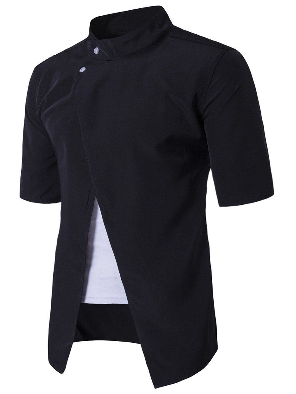 

Stand Collar Short Sleeve Faux Twinset Panel Shirt, Black