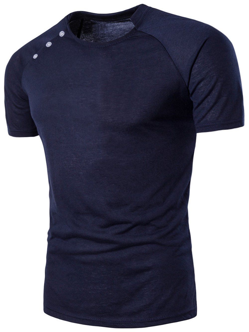 

Stand Collar Raglan Sleeve Button Design T-shirt, Cadetblue