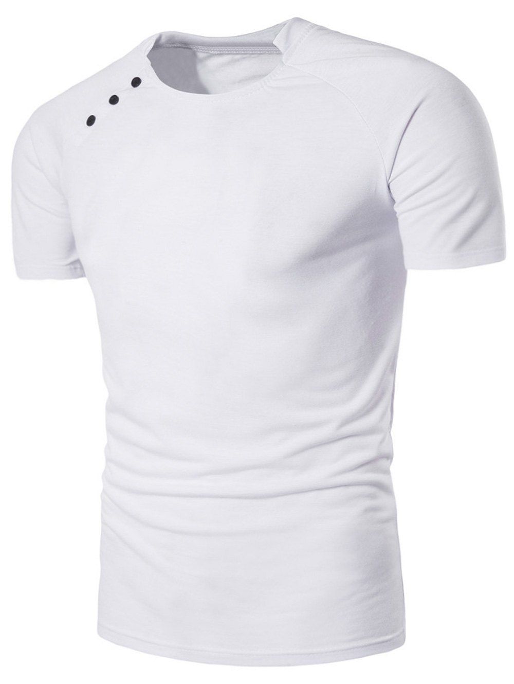 

Stand Collar Raglan Sleeve Button Design T-shirt, White