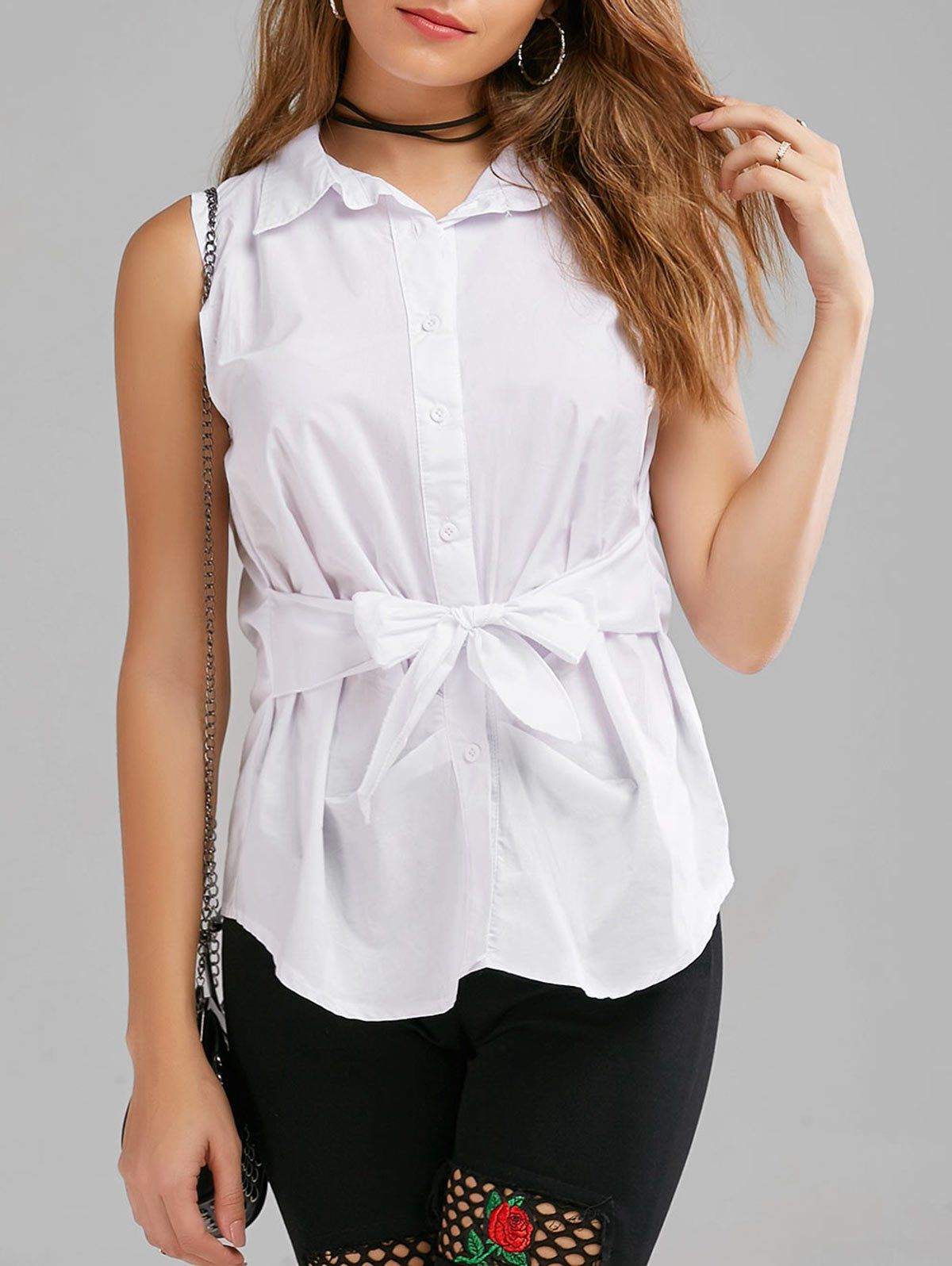 sleeveless white button up