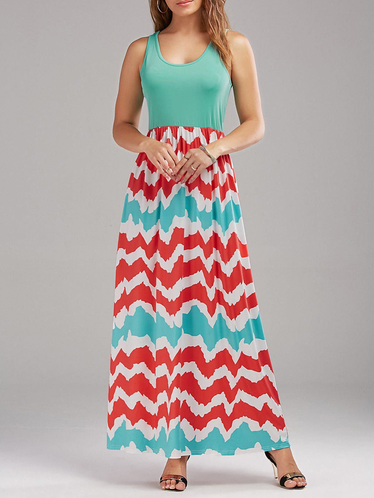 

High Waist Zig Zag Sleeveless Maxi Dress, Colormix