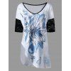 T-shirt asymétrique floral à motifs en dentelle - Bleu clair 2XL