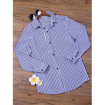 2018 Casual Shirt Collar Stripes Print Long Sleeve    Women's Blouse BLUE