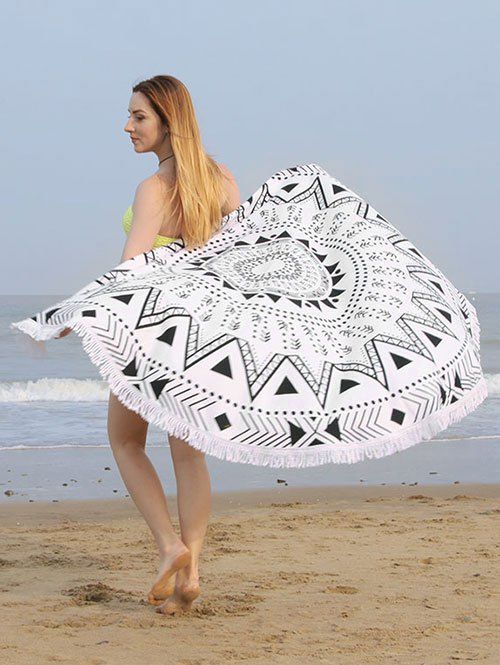 Mandala géométrique impression ronde serviette de plage frange - Blanc Noir 
