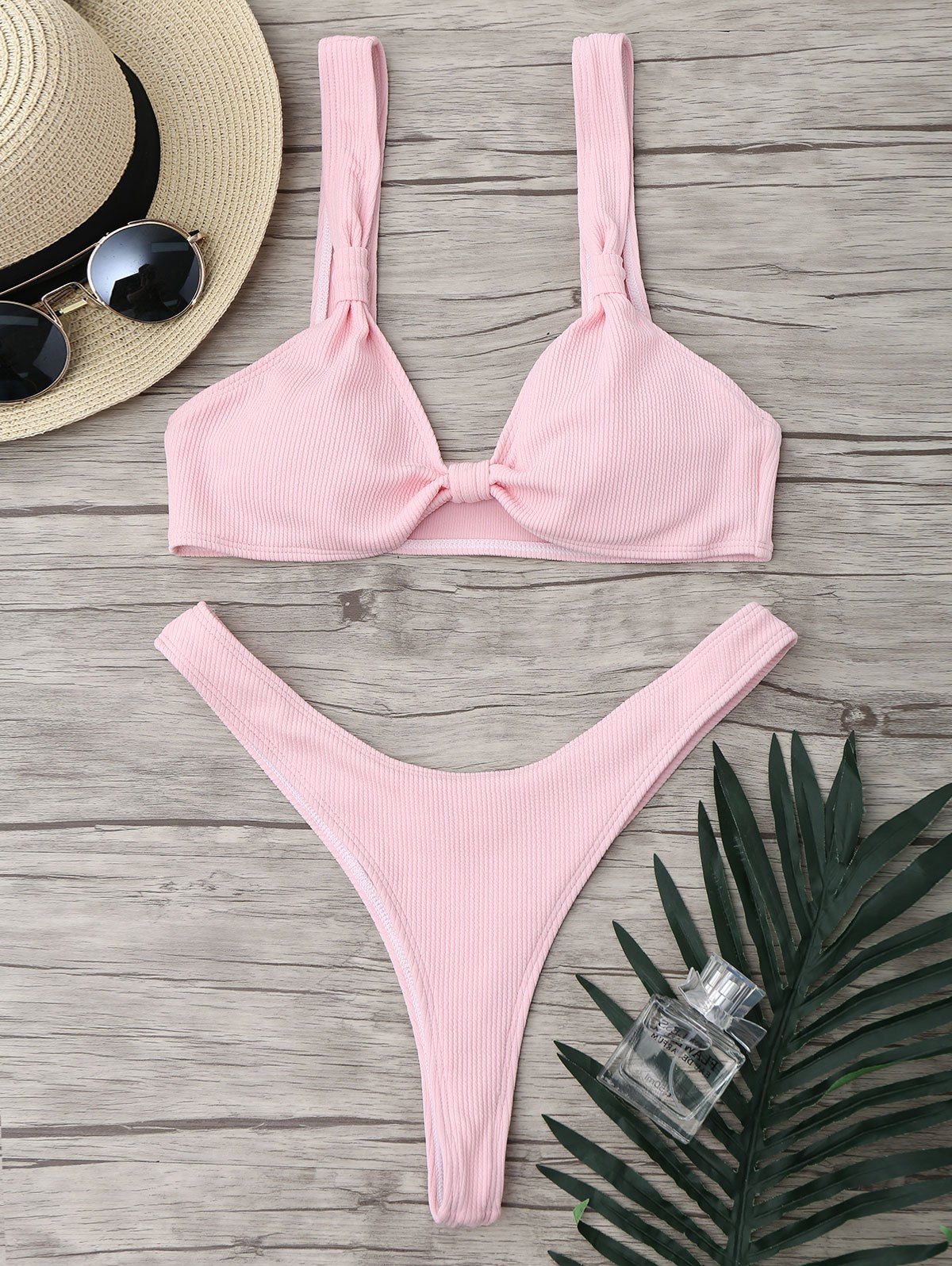 

Plunge Neck Ribbed Micro Bikini Set, Pink