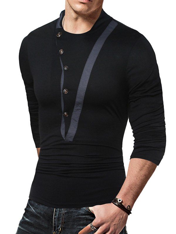 2018 Selvedge Embellished Irregular Buttons T-shirt BLACK L In Long ...