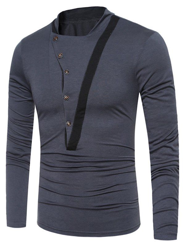 

Selvedge Embellished Irregular Buttons T-shirt, Deep gray