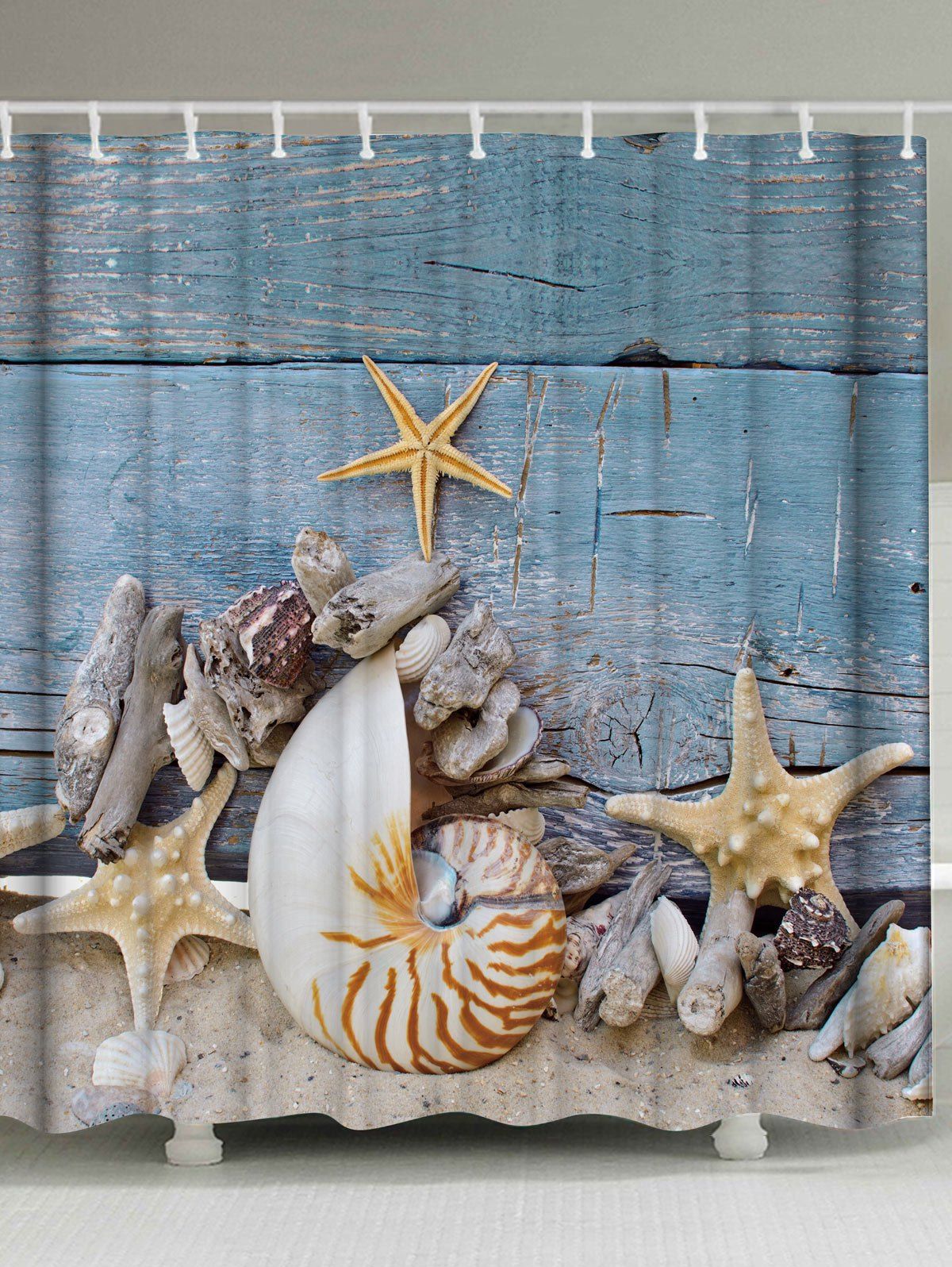 

Fabric Shower Curtain with Beach Conch Print, Blue gray