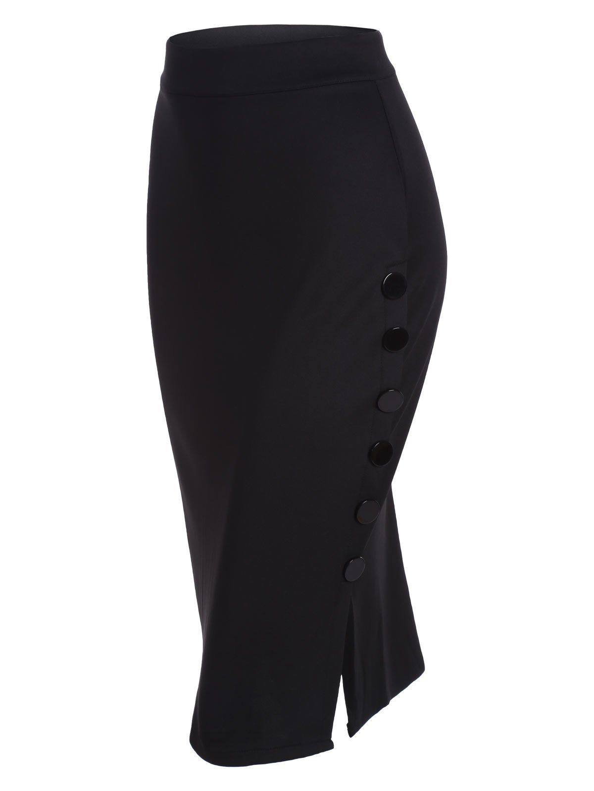 

High Waisted Button Design Bodycon Skirt, Black
