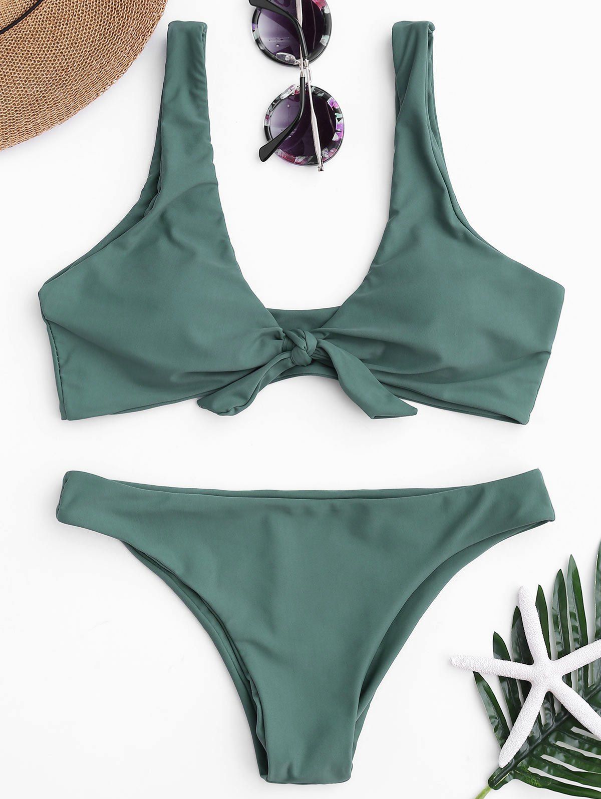 

Knotted Scoop Neck Bikini Set, Lake green