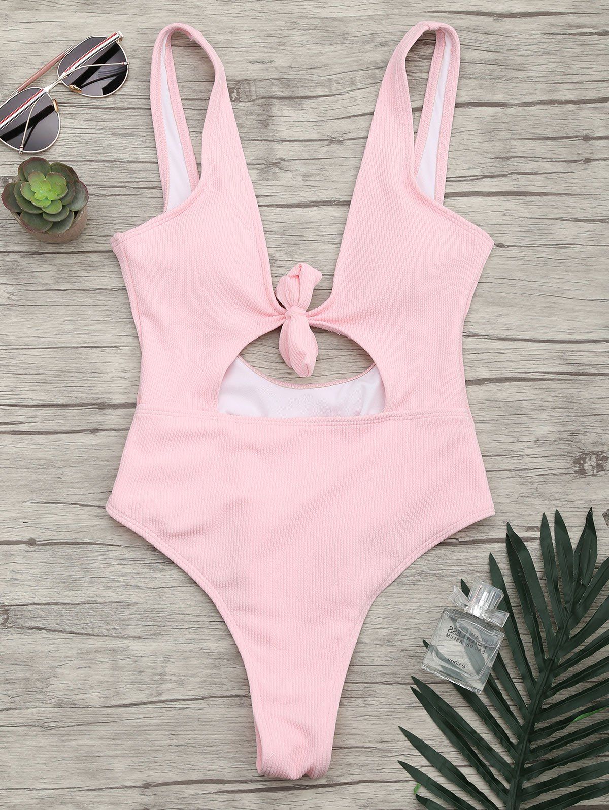 [17% Off] 2021 Ribbed Knot Backless One-piece Swimsuit In Pink 