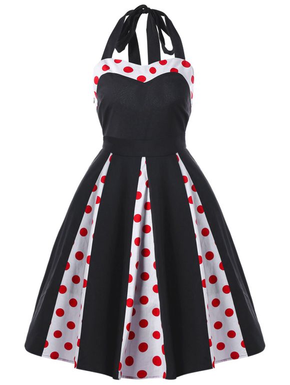 Vintage Halter Polka Dot Bowknot Swing Dress - Noir XL
