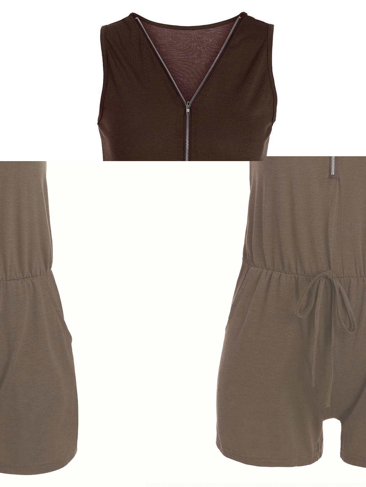 

Sleeveless Zipper Design Romper with Pockets, Brown
