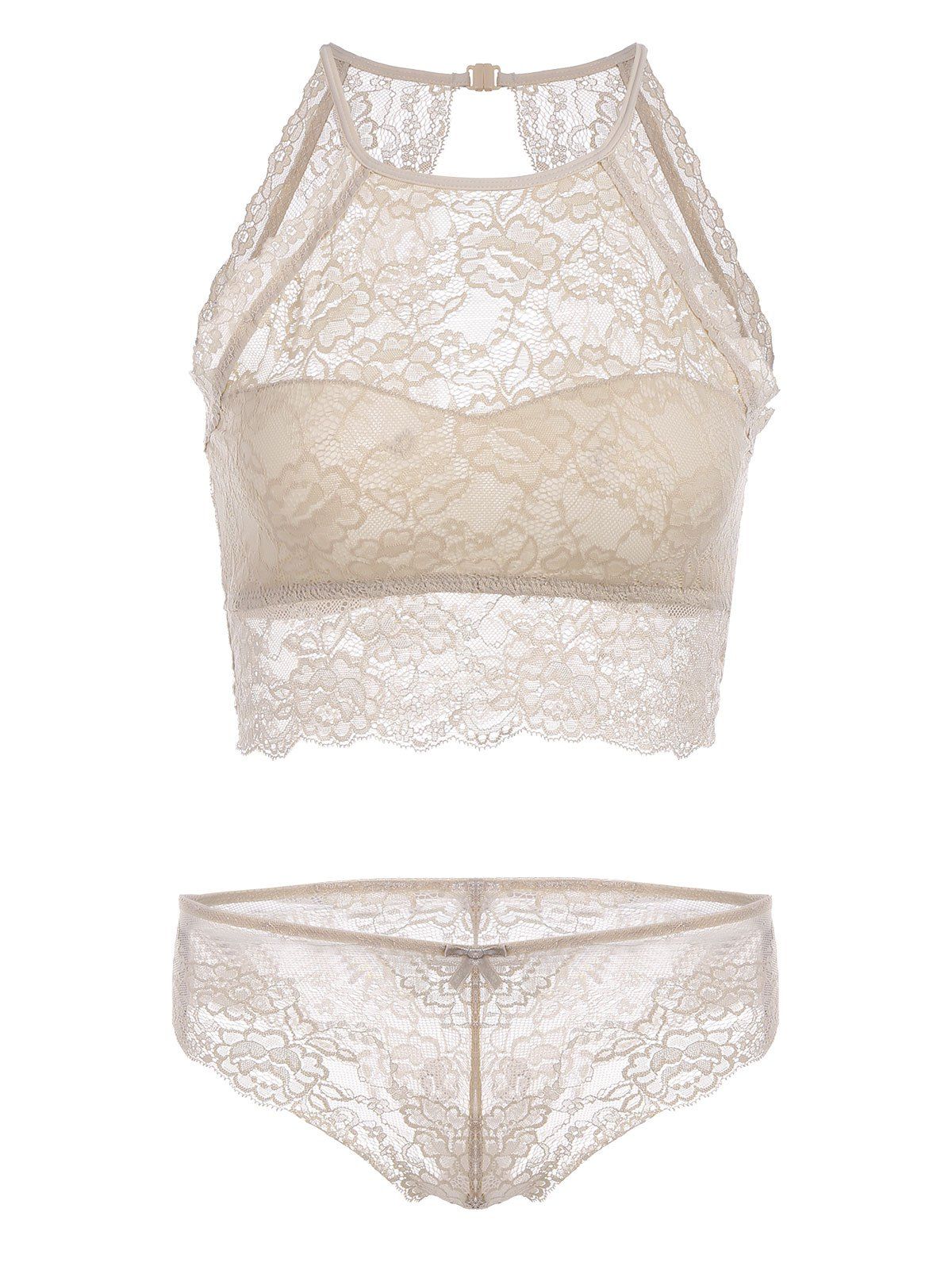 

High Neck Lace See Thru Bra Set, Khaki