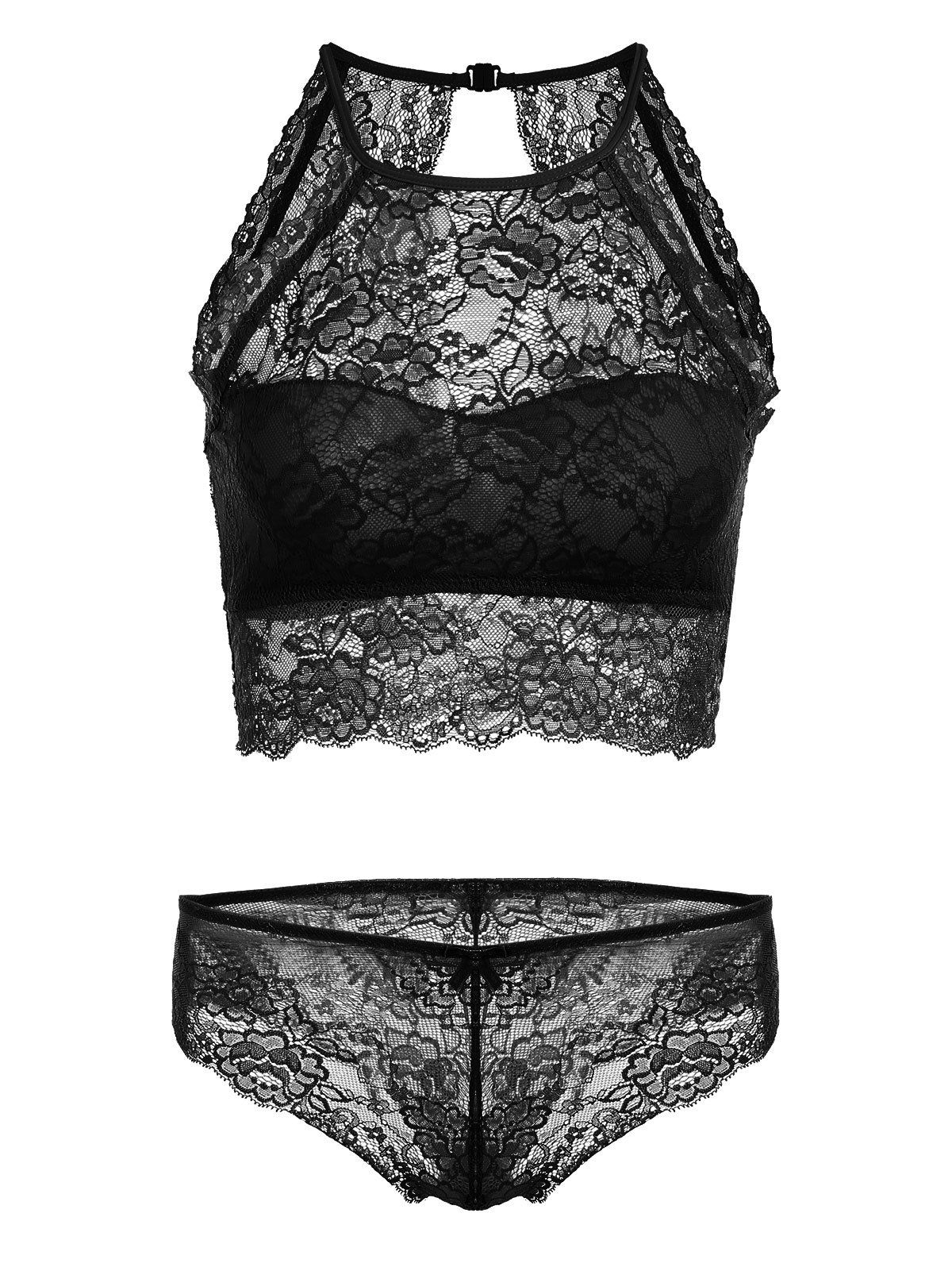 

High Neck Lace See Thru Bra Set, Black