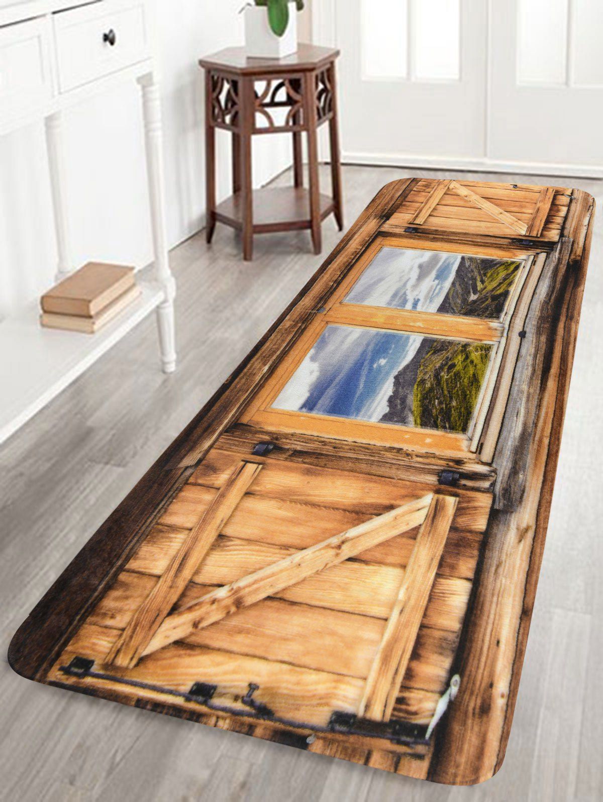 

Woody Window Scenery Coral Velvet Bath Rug, Brown