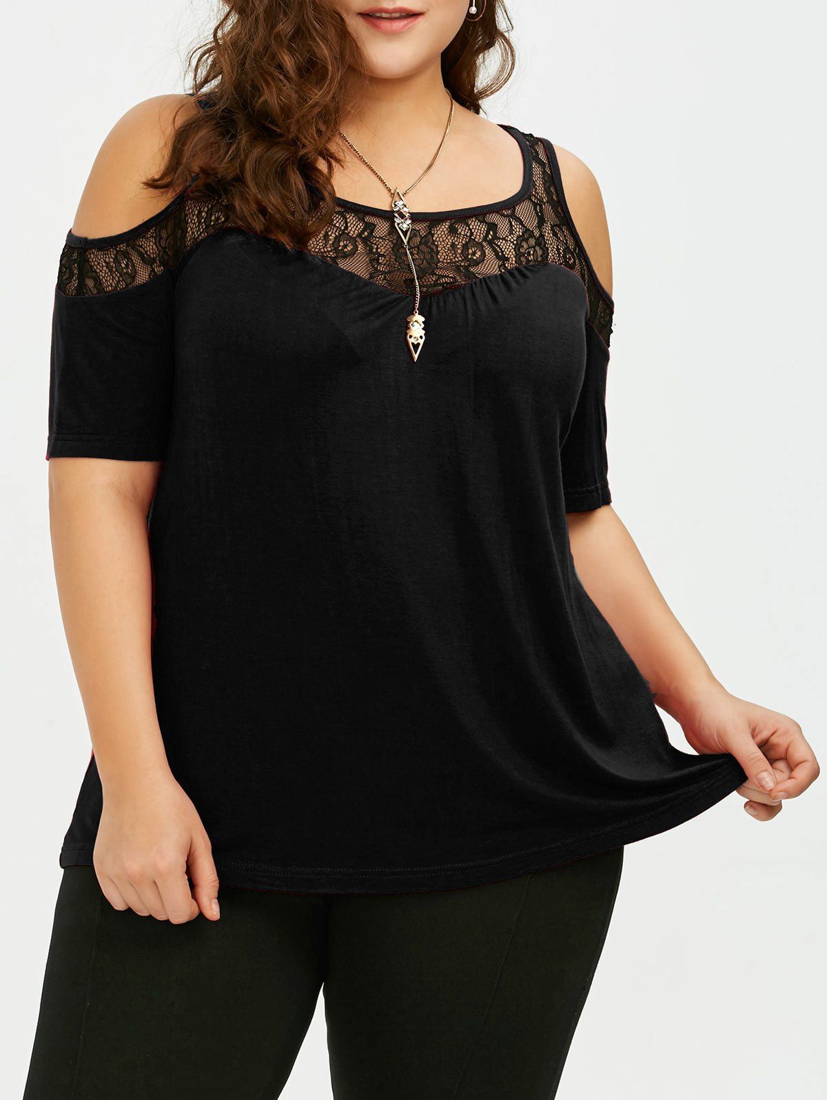 

Plus Size Cold Shoulder Lace Trim T-Shirt, Black