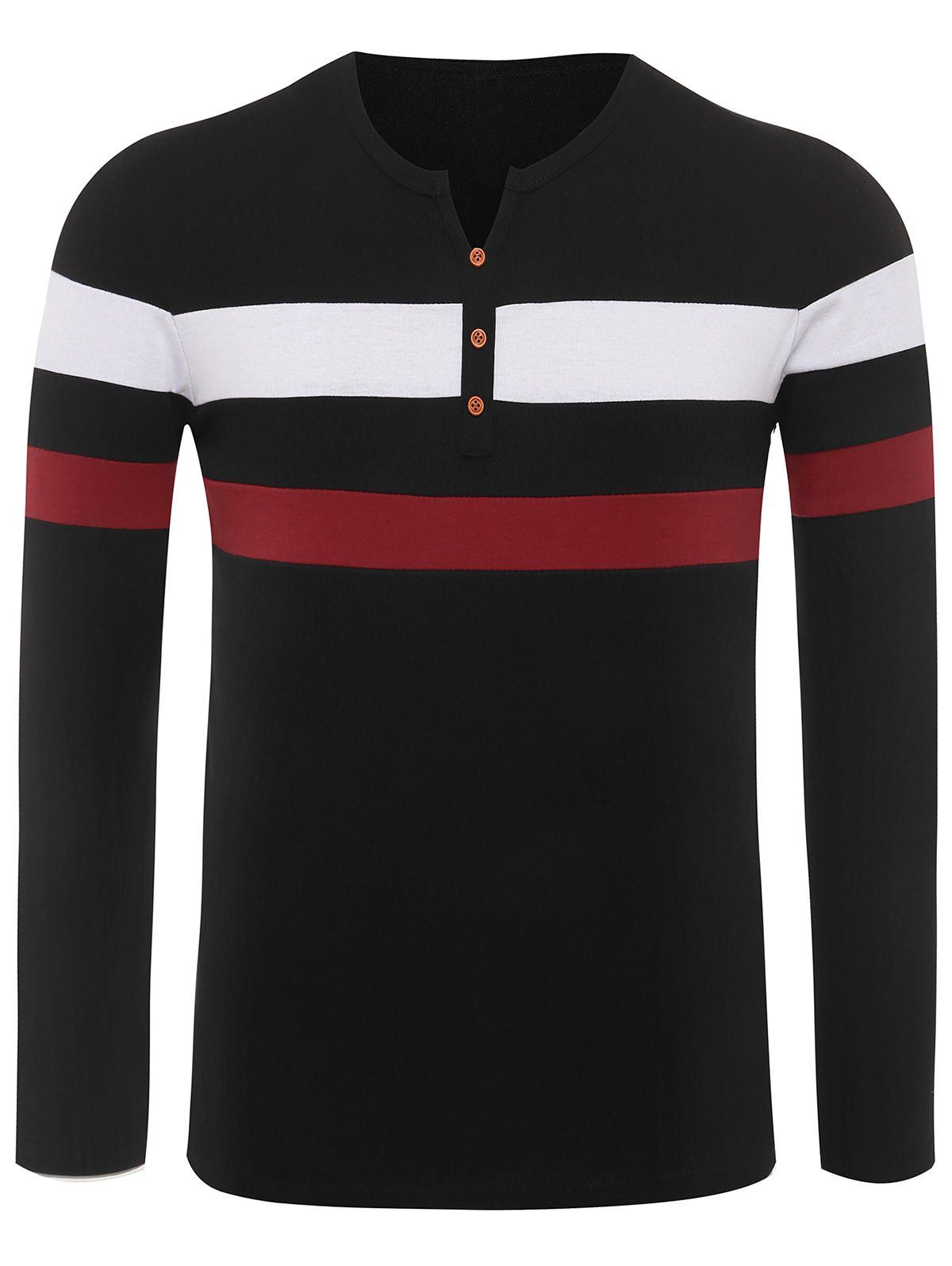 

Button Embellished Striped Notch Neck Tee, Black