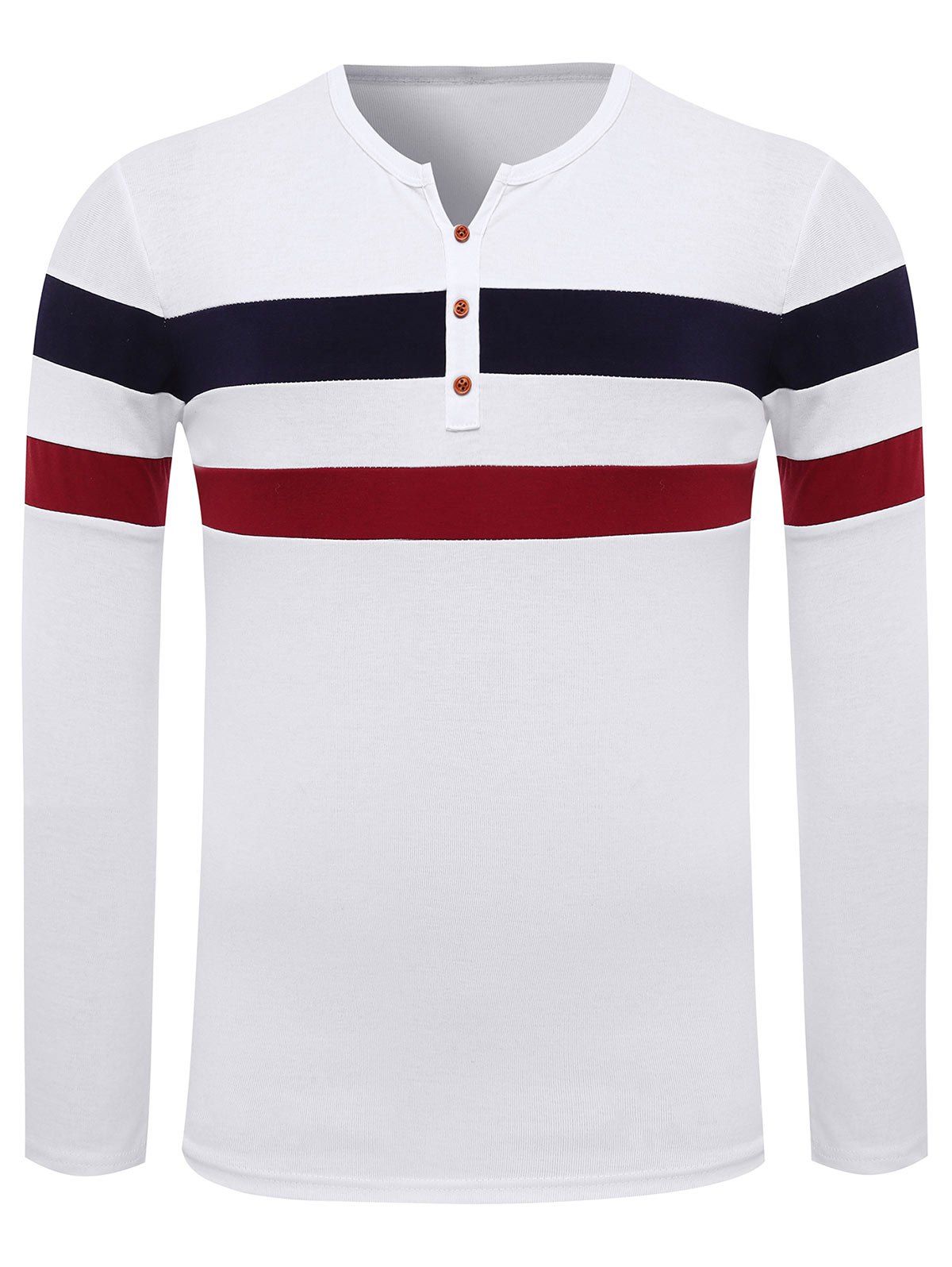 

Button Embellished Striped Notch Neck Tee, White