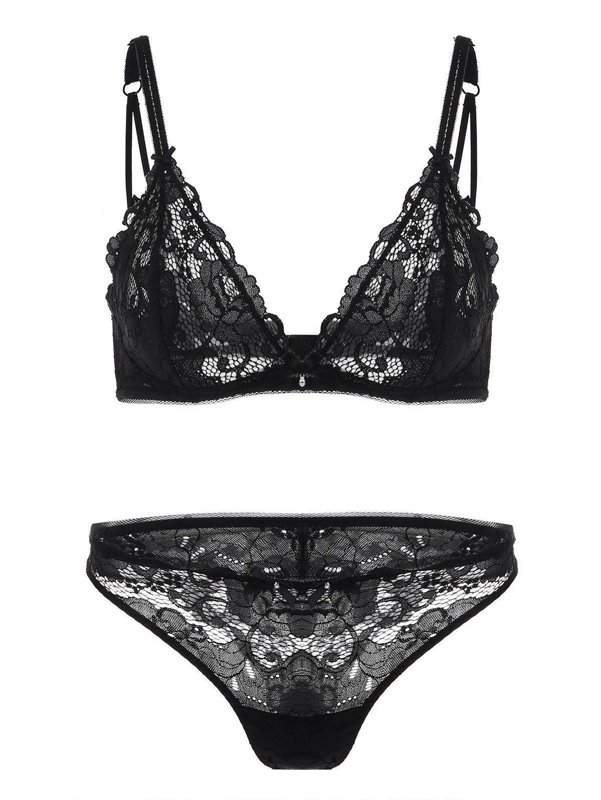 

Lace Crochet Panel Lingerie Bra Set, Black