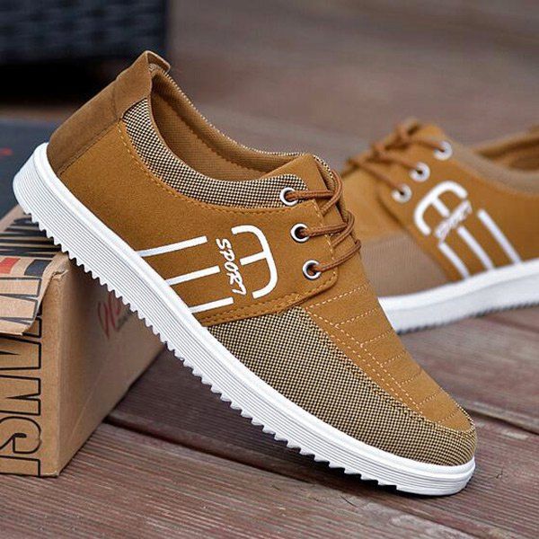 

Stitching Tie Up Breathable Casual Shoes, Khaki