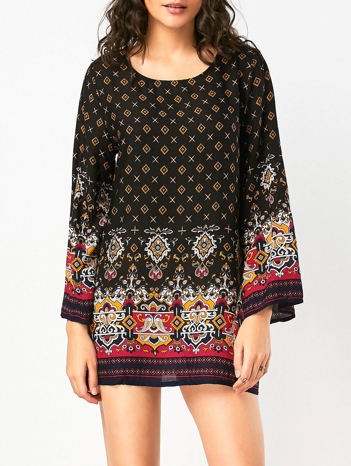 

Long Sleeve Bohemian Print Tunic Dress, Black