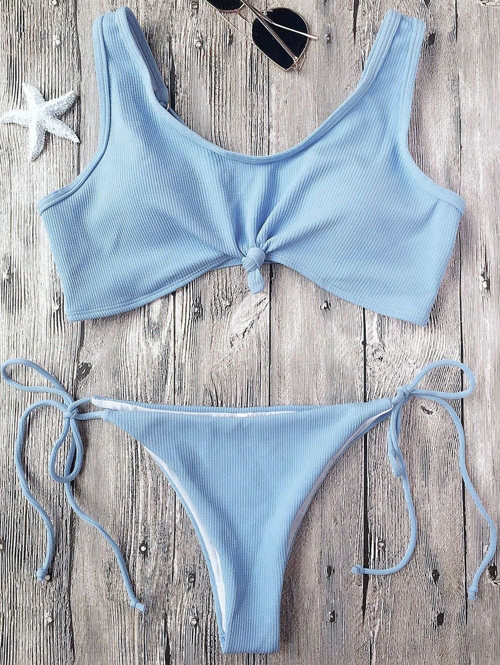 

Knotted Ribbed String Bikini, Light blue