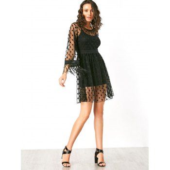 Three Quarter Sleeve Polka Dot Mesh Dress