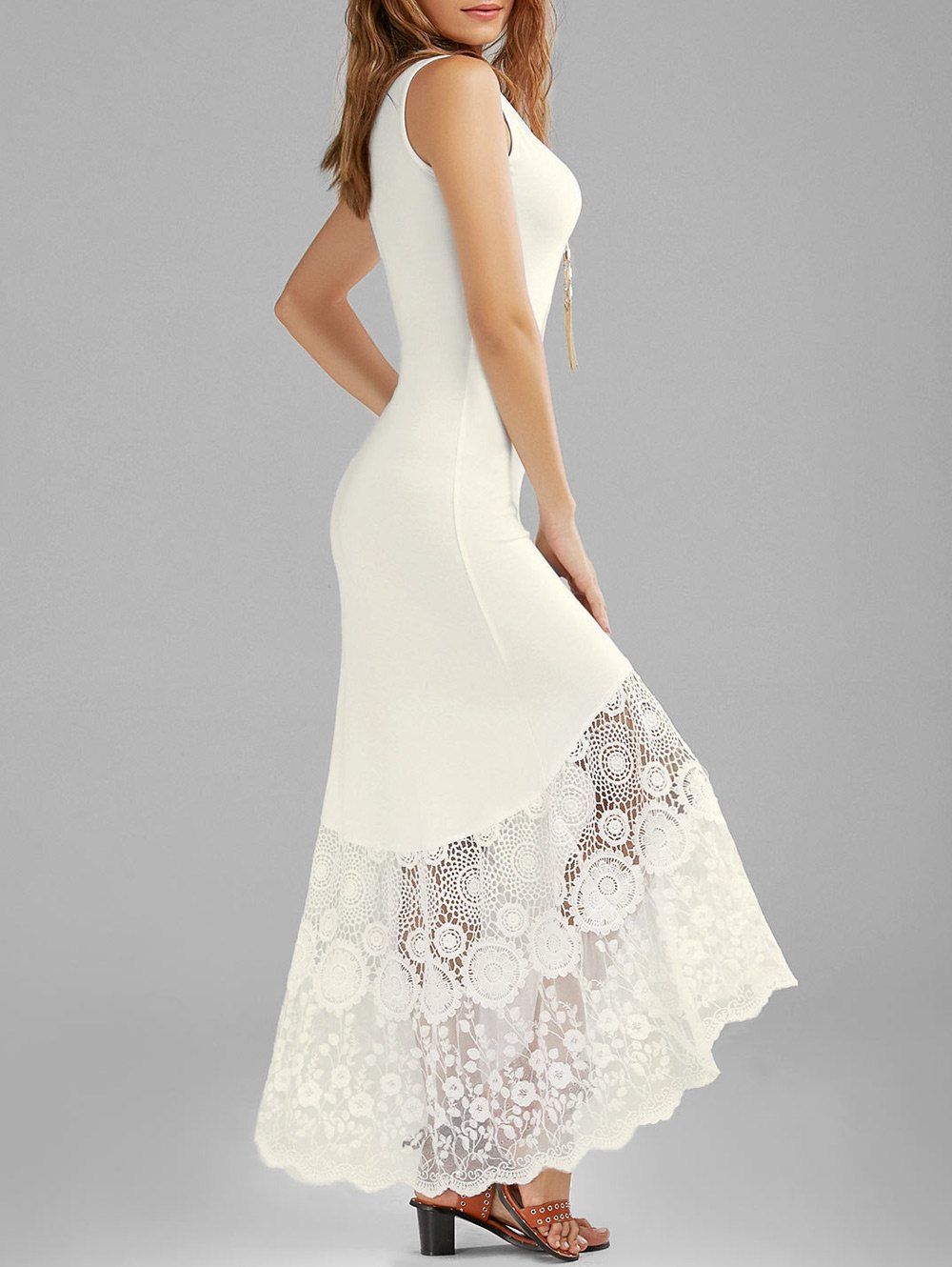 

Scalloped Lace Panel Fitted Maxi Tank Dress, Off-white