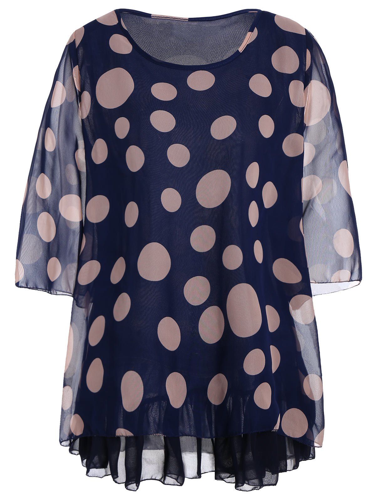 

Plus Size Polka Dot Chiffon Ruffle Tops, Deep blue
