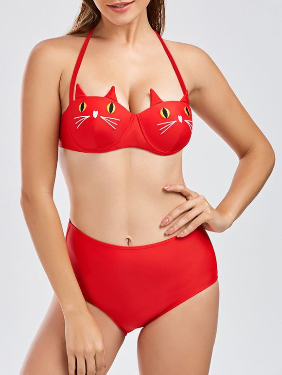 Ensemble Bikini Jupe avec Armature en Forme de Chats - Rouge L